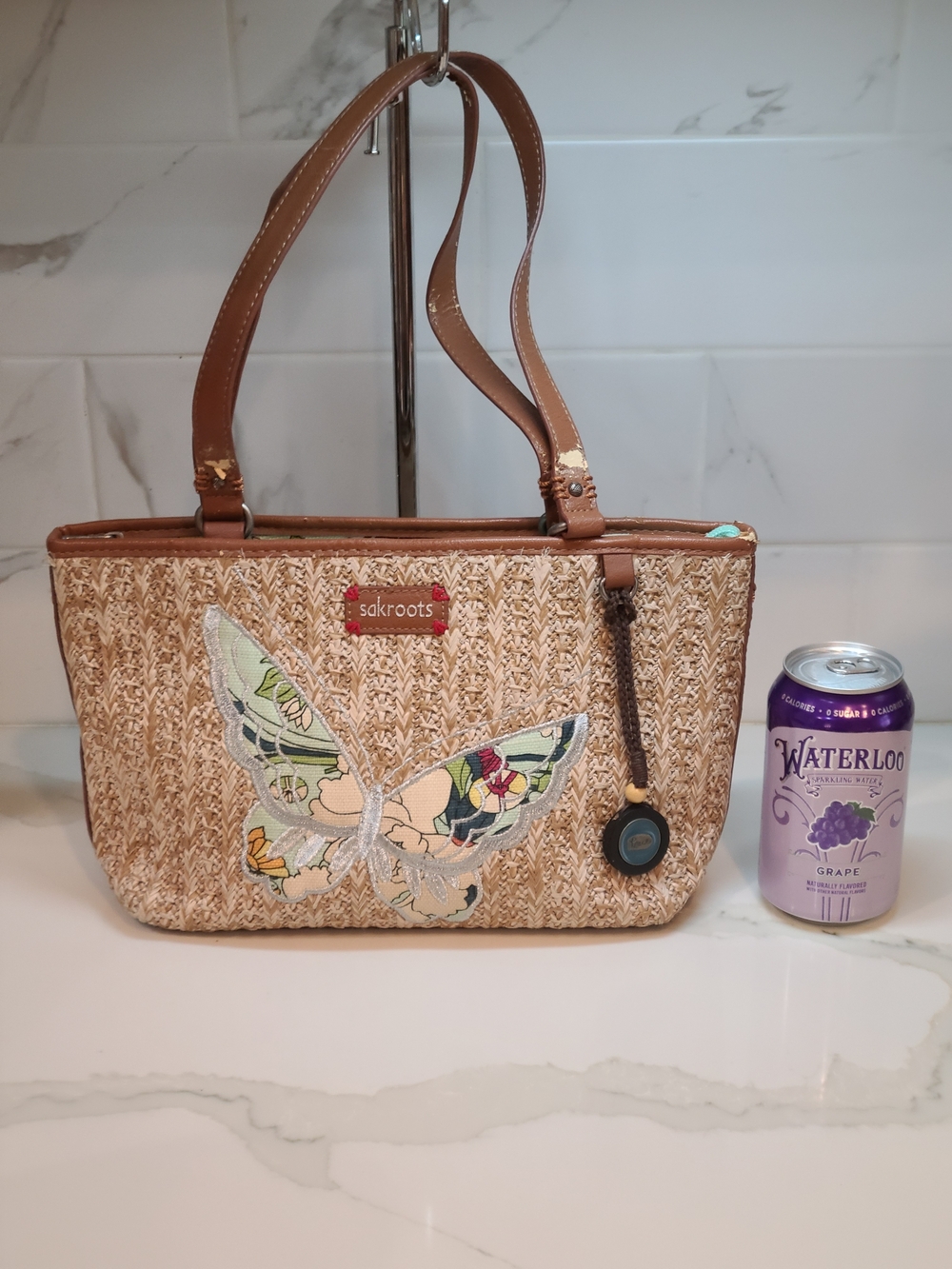 Sakroots Tan Woven Tote with Floral Butterfly Accent - Picture 2 of 13